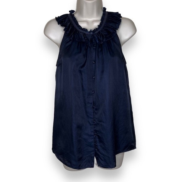 Banana Republic Silk Blend Sleeveless Raw Edge Ruffle Neck Navy Top Women Small - Picture 1 of 11